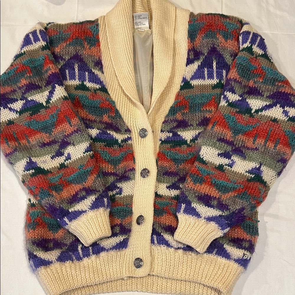 Icelandic Design Mohair Wool Blend Boho Multicolor Patterned Women's Cardigan
